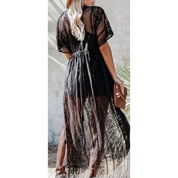 Black Long lace boho kimono/cover-up / whatever you want.pit to pit 22” aprox - Picture 2 of 8